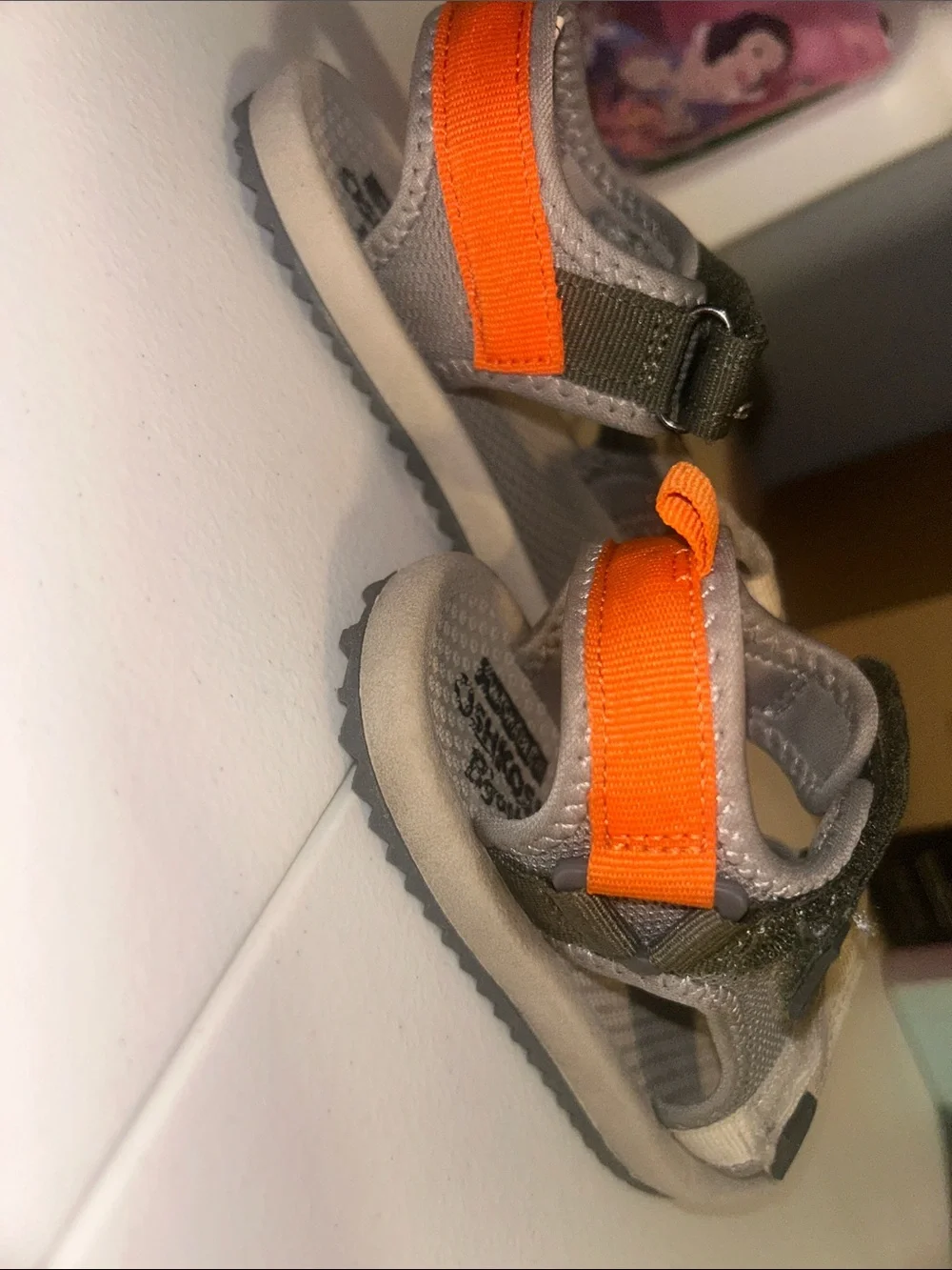 OshKosh B'gosh Gray, Olive and Cream Kids Sandals with Orange Pull Tabs